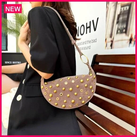 Studded Faux Suede Hobo Bag Adjustable Strap Zippered Pocket 11x6 Inches - Picture 4 of 8